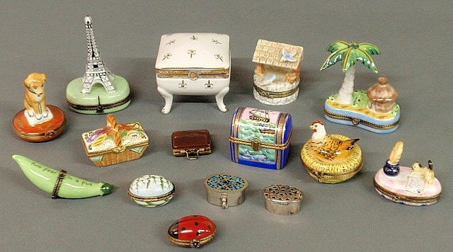 Group of 15 small porcelain boxes in various form: Group of 15 small porcelain boxes in various forms, some by Limoges.