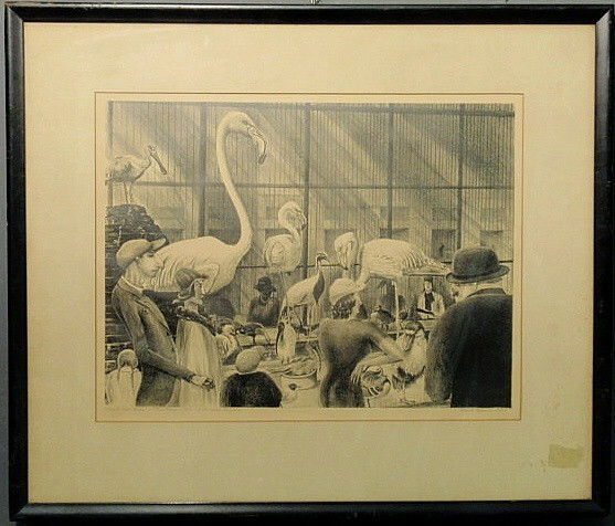 Humorous print of flamingos and people titled "Pe: Humorous print of flamingos and people titled "People Like Birds- Trial Proof", inscribed "To Mrs. Jordan from Gwynne" and signed l.r. "Robert. Gwynne Stout". 13.75"x17.75"