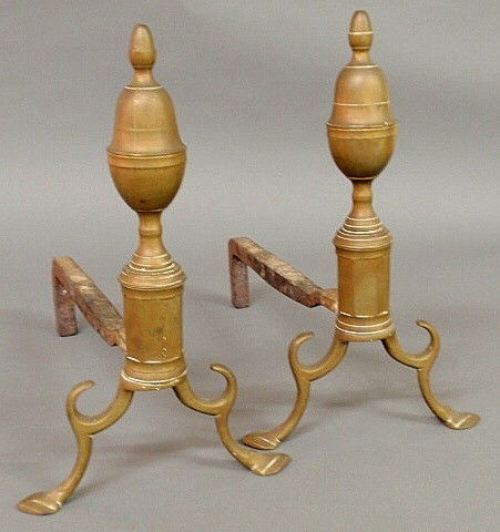 Pair of brass lemon-top andirons, c.1780, with sp: Pair of brass lemon-top andirons, c.1780, with spurred arched legs and spade feet. 15"h.x9"w.x16.25"d.