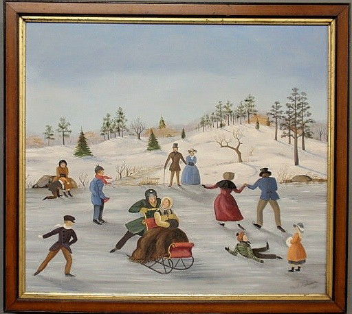 Cahoon, Martha Farham [American/Massachusetts, 19: Cahoon, Martha Farham [American/Massachusetts, 1905-1999] oil on board painting of a New England ice skating party and signed l.r. "Martha Cahoon". 17"x19"