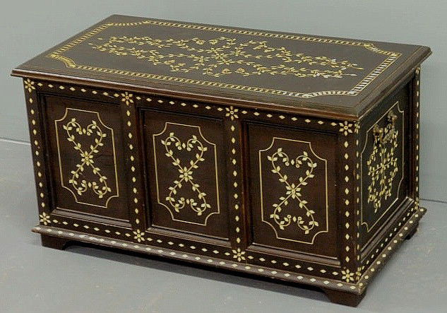 Inlaid ebony blanket chest with a three-panel fro: Inlaid ebony blanket chest with a three-panel front, 20th c. 16"h.x29"w.x15"d.