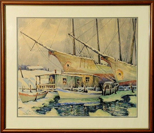 Greene, Albert Van Nesse [American, 1887-1971] ra: Greene, Albert Van Nesse [American, 1887-1971] rare impressionist watercolor painting of a winter scene with docked sailing ships, probably Gloucester, Maine, signed l.l. "A. Van Nesse Greene". Proven