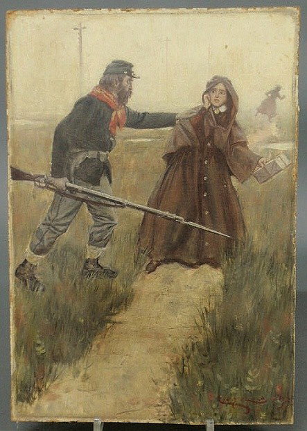 Deland, Clyde Osmer [American/Pennsylvania, 1872-: Deland, Clyde Osmer [American/Pennsylvania, 1872-1947] oil on board illustrator art painting of a Union soldier stopping a spy, signed l.r. "C.O. Deland '03" and in pencil verso "Copyrighted by the Pe