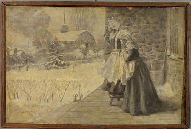 Deland, Clyde Osmer [American/Pennsylvania, 1872-: Deland, Clyde Osmer [American/Pennsylvania, 1872-1947] oil on board illustrator art painting of a Revolutionary War scene with Colonial and British forces, signed l.r. "C.O. Deland 03", notes verso "I