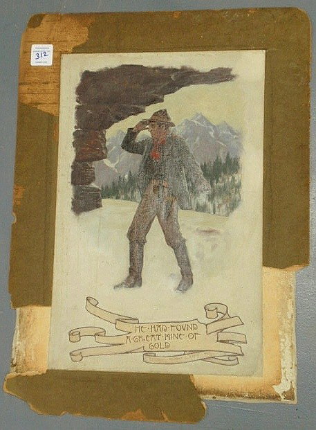 Deland, Clyde Osmer [American/Pennsylvania, 1872-: Deland, Clyde Osmer [American/Pennsylvania, 1872-1947] oil on board illustrator art painting of a miner in winter at the mouth of a cave, titled "He Had Found a Great Mine of Gold" and signed "Clyde O