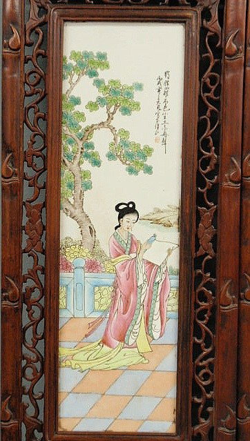 Four Asian carved exotic wood panels with painted - 2