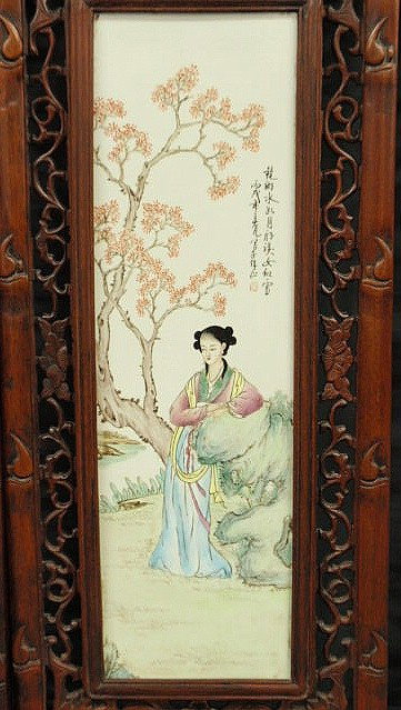 Four Asian carved exotic wood panels with painted - 3