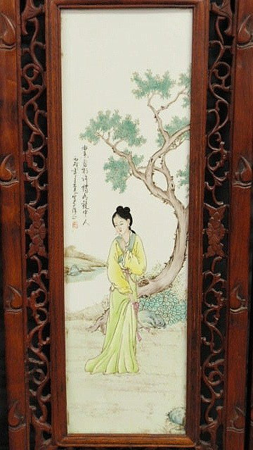 Four Asian carved exotic wood panels with painted - 4