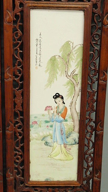 Four Asian carved exotic wood panels with painted - 5