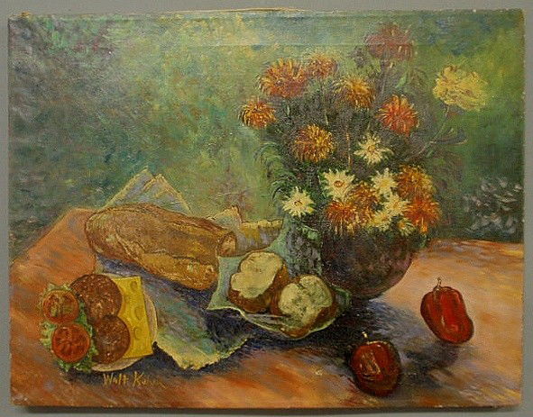 Oil on canvas still life painting of flowers, loa: Oil on canvas still life painting of flowers, loaf of bread and sandwich, signed l.l. "Walt Kuhn" (in the manner of). 19"x25"