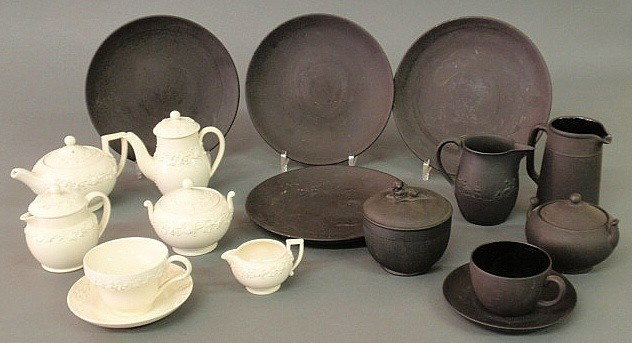 Six piece Wedgwood Etruria embossed creamware ass: Six piece Wedgwood Etruria embossed creamware assembled tea service- coffeepot 5.5"h., 20th c., and a black basalt assembled nine-piece service, tall pitcher 5"h.