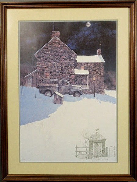 Limited edition Peter Sculthorpe print of a Chest: Limited edition Peter Sculthorpe print of a Chester County stone farmhouse with a parked vintage pickup truck on a moonlit winter night and signed "P. Sculthorpe 6/10" with a remarque of a springhouse