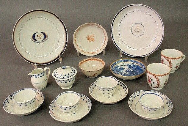 Group of Chinese porcelain tableware and a small: Group of Chinese porcelain tableware and a small English creamware set, 18th/19th c. largest plate 8"dia.