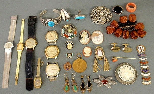 Group of jewelry and accessories- sterling silver: Group of jewelry and accessories- sterling silver & turquoise rings & bracelet, sterling ring set with scrimshaw-type bone, 4 men's wristwatches by Elgin, Citizen, Times & Westclox, 3 ladies wristwatc