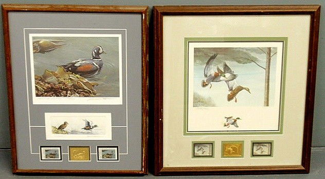 Two framed and matted duck stamps- Executive Edit: Two framed and matted duck stamps- Executive Edition 59/623 pencil signed "Robert Bateman" with 1988 stamps 17.5"x13" and Kentucky 1985 waterfowl stamp with print of mallards signed "Ray Harm"