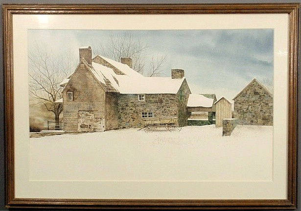 Sculthorpe, Peter [American, 1948-] fine large wa: Sculthorpe, Peter [American, 1948-] fine large watercolor painting of a Pennsylvania stone farmhouse, outbuildings and hay wagon in winter titled "Pilgrim", signed m.l. "P. Sculthorpe". 24"x39"