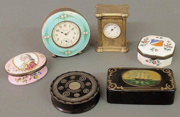 Oval Battersea box "Gen. Reed", small French porc: Oval Battersea box "Gen. Reed", small French porcelain box, lacquered box with ship decoration, gutta-percha round box, and two miniature travel clocks, largest 3.25"h.