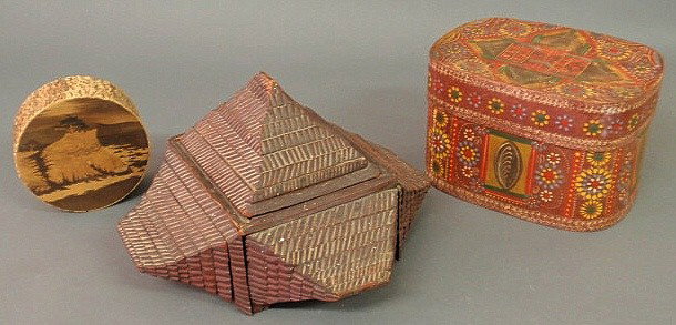 Tramp Art carved pyramid-form box 8"h.x13"w., a r: Tramp Art carved pyramid-form box 8"h.x13"w., a red paint decorated wood box and a round box.