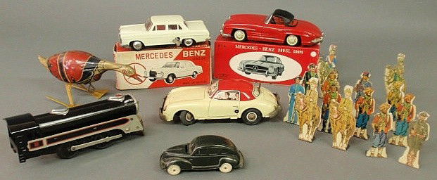 Group of metal toys- electric train 8"l., Joustra: Group of metal toys- electric train 8"l., Joustra car, Mercedes 300SL coupe in box, made in Japan, toy soldiers, etc.
