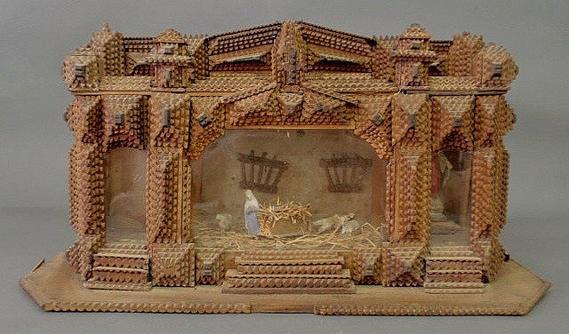 Tramp Art carved nativity scene with wood and comp: Tramp Art carved nativity scene with wood and composition figures. 13”h.x21”w.x9”d.