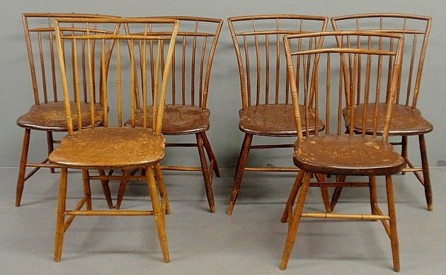 Assembled set of six bamboo turned birdcage Windso: Assembled set of six bamboo turned birdcage Windsor side chairs, c. 1830. 36”h.x20”w.x17”d.