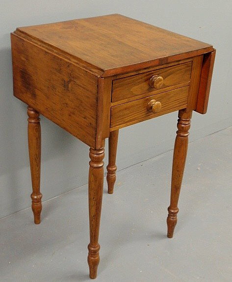 Sheraton pine two-drawer stand, c.1830, with drop : Sheraton pine two-drawer stand, c.1830, with drop leaves. 29”h.x18”w.x18”d., each leaf 8.25”w.