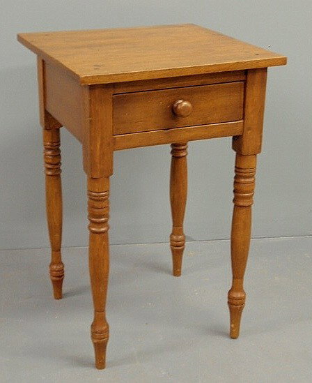 Walnut and maple Sheraton one-drawer stand, c.1830: Walnut and maple Sheraton one-drawer stand, c.1830, with turned legs. 27.75”h., top 18.25”x18.25”