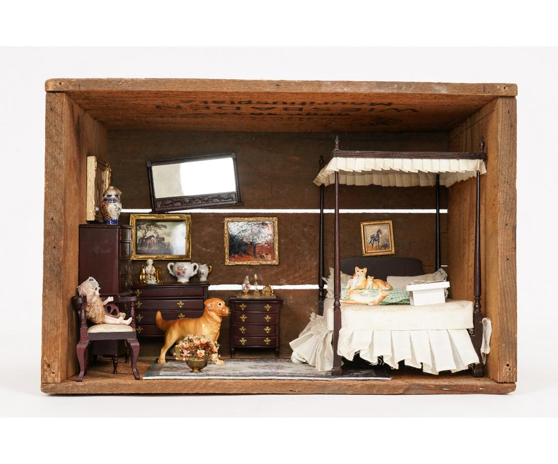 VINTAGE CRATE BEDROOM ROOM BOX DOLLHOUSE: Small German wine wood shipping crate bedroom with a Bespaq bed, high & low dressers, night stand and corner chair, framed prints, small accessories, 9.5"h x 14"w x 8.5"d.