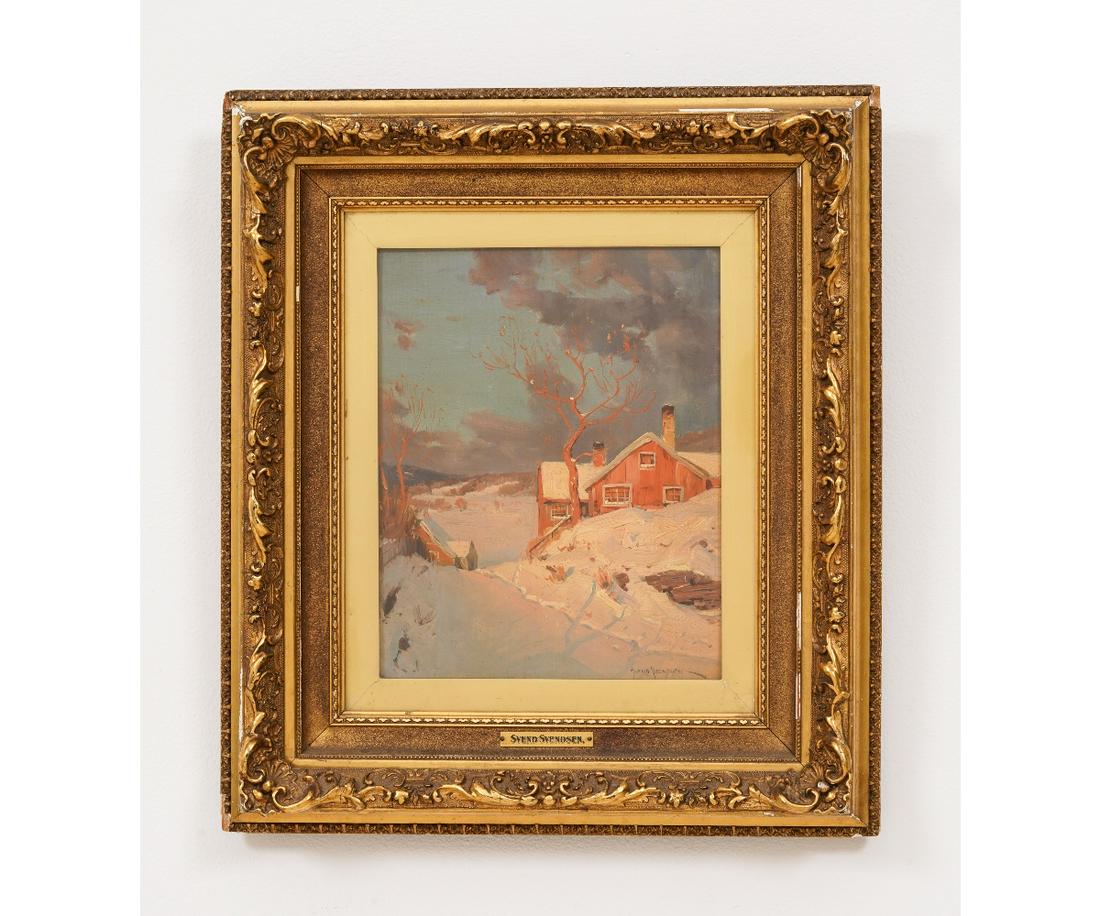 SVEND RASMUSSEN SVENDEN OIL ON BOARD: Svend Rasmussen Svenden (1864-1945, Norwegian/American) oil on canvas board, winter village snow scene, mounted in an ornate gilt frame. 9.5" x 8" ss / 17" x 15" oa