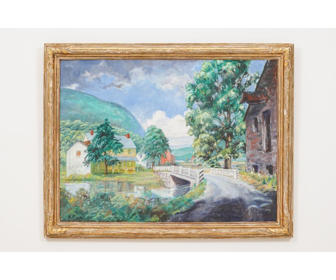 G.M. MACDONALD OIL ON CANVAS: G.M. MacDonald Dengler?, large oil on canvas, summer landscape with grist mill, stream and a home, dated '67. 29.5" x 39.5" ss / 35.5" x 45.5" oa
