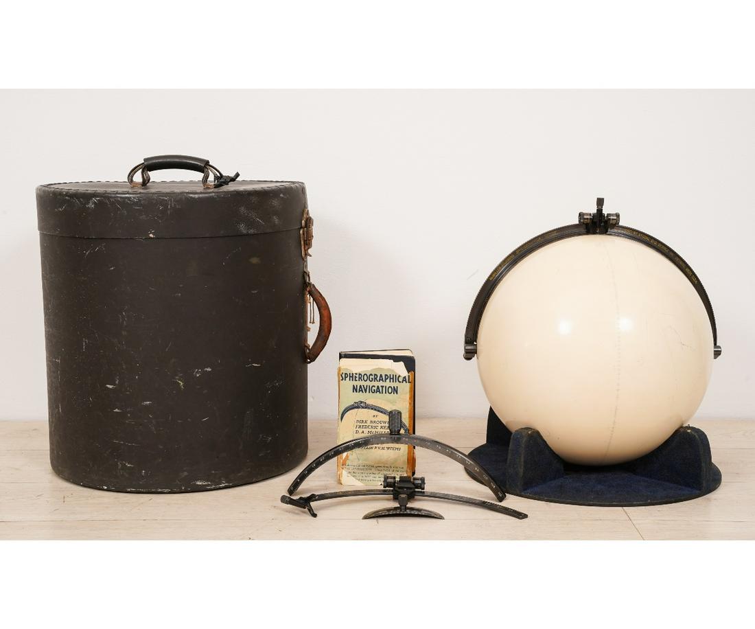 SPHEROGRAPHICAL NAVIGATION AID: Nautical navigation by McMillen-Stuxbery Spherographical Systems, Manufactured and Distributed by Special Eng. Service, Inc., Detroit, Michigan USA. Globe: 13"dia / box: 17.5"h x 16.5"dia; together wi