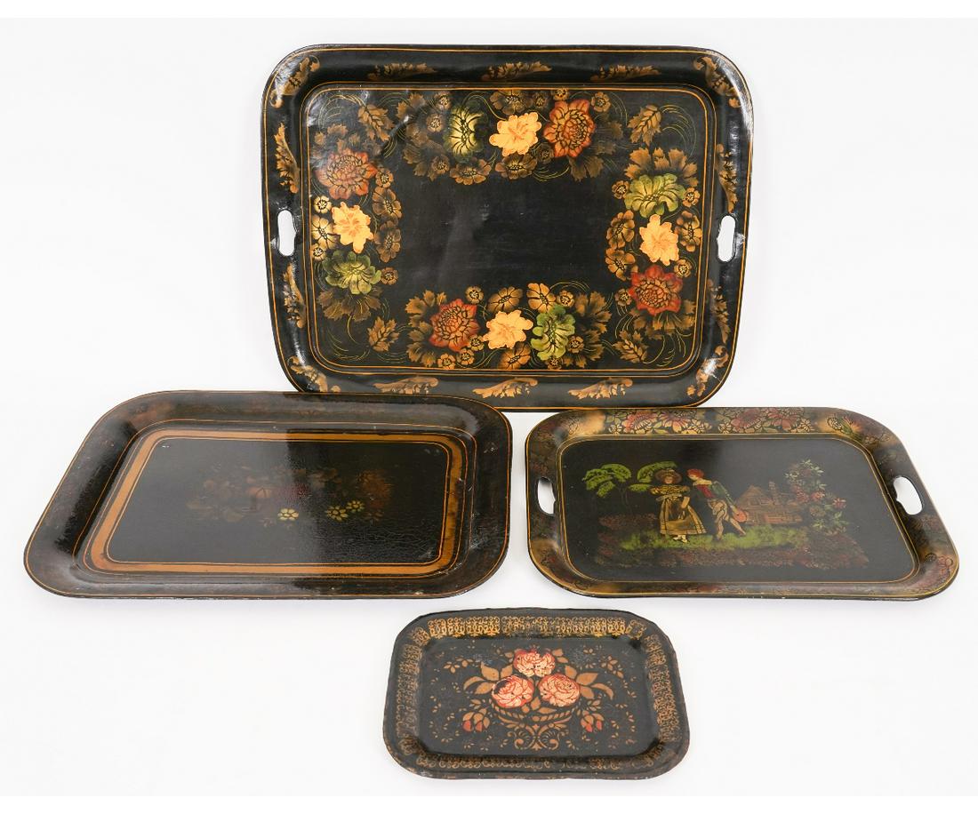 FOUR VICTORIAN BLACK TOLE TRAYS (1 of 6)