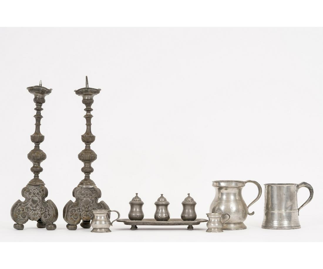 PEWTERWARE: Pewterware to include a pair of pricket sticks (16"h) , standish, measures and mugs.