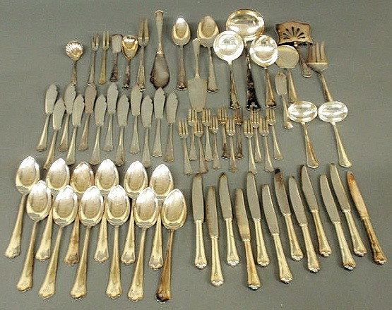 Partial sterling silver flatware service marked ": Partial sterling silver flatware service marked "800" and monogrammed "BBB", to include: 12 each seafood forks 5.75", large spoons 8.25", butter knives 8.25", 2 large serving spoons 10.5", large ladle