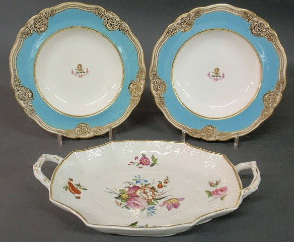 Pair of armorial plates with blue and gilt border: Pair of armorial plates with blue and gilt borders 10.5"dia. by Jonathan Phillips, Oxford Street and a floral decorated ceramic serving dish 13"l.