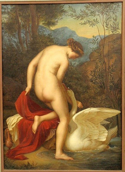 Grosse, Franz Theodore [German, 1829-1891] large: Grosse, Franz Theodore [German, 1829-1891] large oil on canvas painting, a variation of Leda and the Swan, signed l.r. "Theodore Grofse, Dresden 1858" (Grosse) and with note verso "Painted exprefsly (