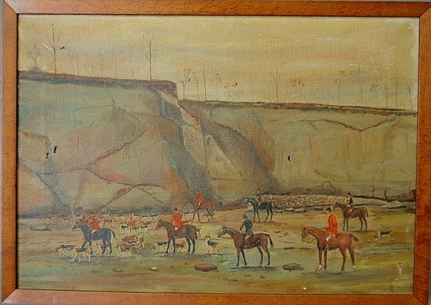 Oil on canvas painting of a foxhunt scene with ho: Oil on canvas painting of a foxhunt scene with horses and hounds, 19th c., signed l.r. "F.H.B." and mounted in a bird's-eye maple frame. 13.75"x19.75
