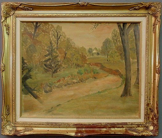 Oil on canvas landscape painting of a stream and: Oil on canvas landscape painting of a stream and house, signed l.r. "Fairfield Porter" (in the manner of). 15.75"x19.5