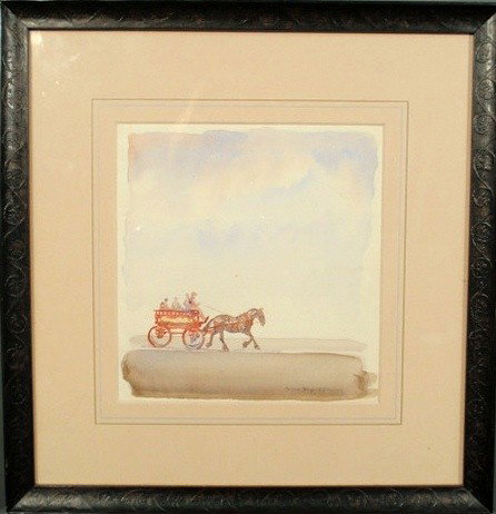 Brown, Paul Desmond [American/New York, 1893-1958: Brown, Paul Desmond [American/New York, 1893-1958] watercolor painting of a horse and carriage signed and inscribed l.r. "To Mrs. George C. Slemins, Very Sincerely, Paul Brown". 7.25"x7