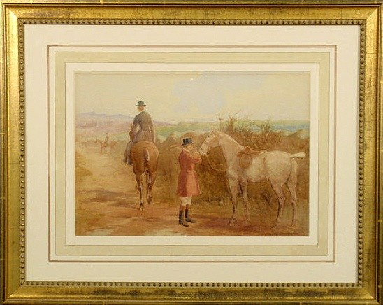Herberte, Edward Benjamin [UK, 1857-1893] waterco: Herberte, Edward Benjamin [UK, 1857-1893] watercolor painting of foxhunters titled verso "The Problem" and signed l.r. "E.B. Herberte". 10"x14