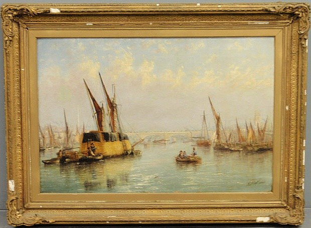Moltino, Francis [Italy/UK, 1818-1874] oil on can: Moltino, Francis [Italy/UK, 1818-1874] oil on canvas painting of a hay barge on the Thames River with other boats moored near the banks, signed l.r. "F. Moltino". 23.5"x35.5