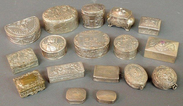 Six Continental silver pillboxes, 19th c., with r: Six Continental silver pillboxes, 19th c., with repoussé decoration, three small sterling silver boxes and eight small Continental silver pill boxes, 19th c., tallest 1.5"h.