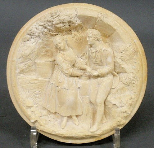 Relief carved alabaster plaque with figural group: Relief carved alabaster plaque with figural group "Rebecca at the Well" signed "E.W. Wyon, Oct. 1843" 7"dia.