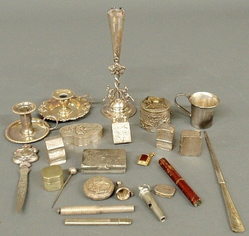 Six 19th c. Continental silver miniature boxes ta: Six 19th c. Continental silver miniature boxes tallest 1.5", sterling silver cup 2"h., gold colored metal watch fob with dog decoration, and group of silverplate items to include a dog whistle, founta