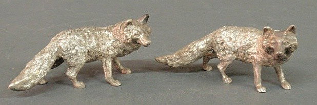 Pair of English 925 silver standing fox salt & pe: Pair of English 925 silver standing fox salt & pepper shakers. 3"l., 8 troy oz.