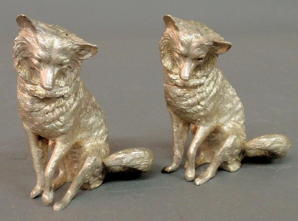 Pair of German 800 silver seated fox salt & peppe: Pair of German 800 silver seated fox salt & pepper shakers. 4"h., 10 troy oz.