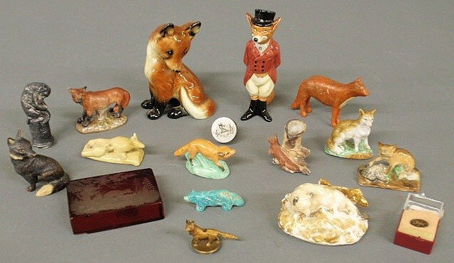Group of fox items- red Bohemia glass square with: Group of fox items- red Bohemia glass square with etched foxes, carved bone fox, metal seals, porcelain foxes, etc.