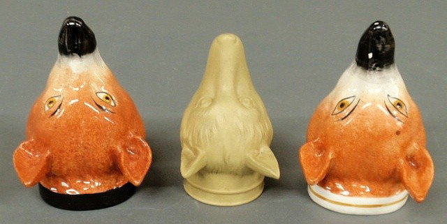 Three English ceramic fox head stirrup cups, tall: Three English ceramic fox head stirrup cups, tallest 5"h.