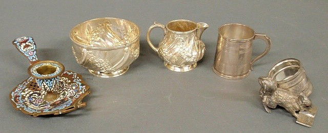 Cloisonné chamber stick 2"h., 19th c., Silver cup: Cloisonné chamber stick 2"h., 19th c., Silver cup made by John Henry & Charles Lias, London 1829 2.5"h., a sterling silver pitcher and bowl, Victorian silverplate squirrel napkin ring.