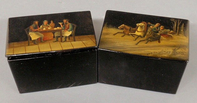 Two Russian lacquerware tea caddy boxes, late 19t: Two Russian lacquerware tea caddy boxes, late 19th c., one with a sled scene and the other with a dinner table scene. 4"h.x6"w.x4"d.